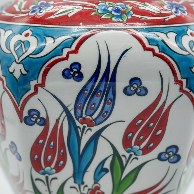 Handmade Ceramic Iznik Vase (Faceted Form) Red Tulip and Blue Arch Pattern For Sale - Image 4 of 8