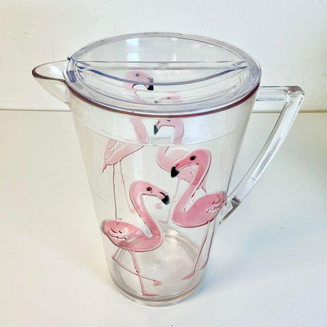 Vintage Coastal Boho Chic Flamingo Poolside Lucite Acrylic Pitcher & Plastic Glasses - Set of 13 For Sale - Image 11 of 14