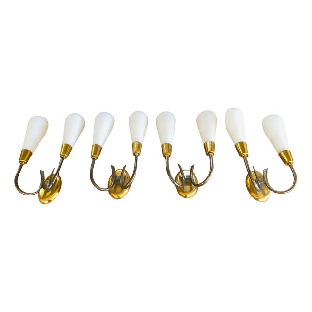 Brass and Glass Wall Lamps attributed to Stilnovo, 1950s, Set of 2 For Sale