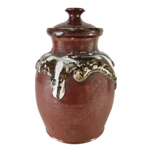 Vintage California Studio Pottery Lidded Jar With Red Brown Drip Glaze, 11”