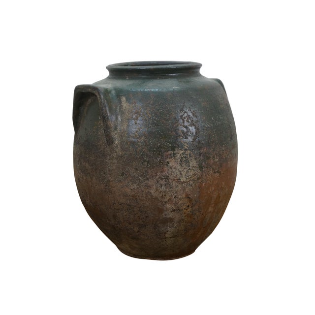 Rustic Antique Green & Brown Stoneware Pottery Vase Vessel Crock Pot Urn Jug Jar For Sale - Image 3 of 12
