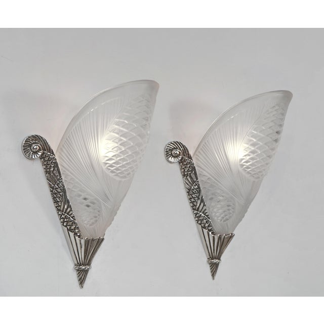 L. Vandamme & Degué A nice pair of authentic 1925-1935 French art deco wall sconces in nickel plated solid brass or bronze...