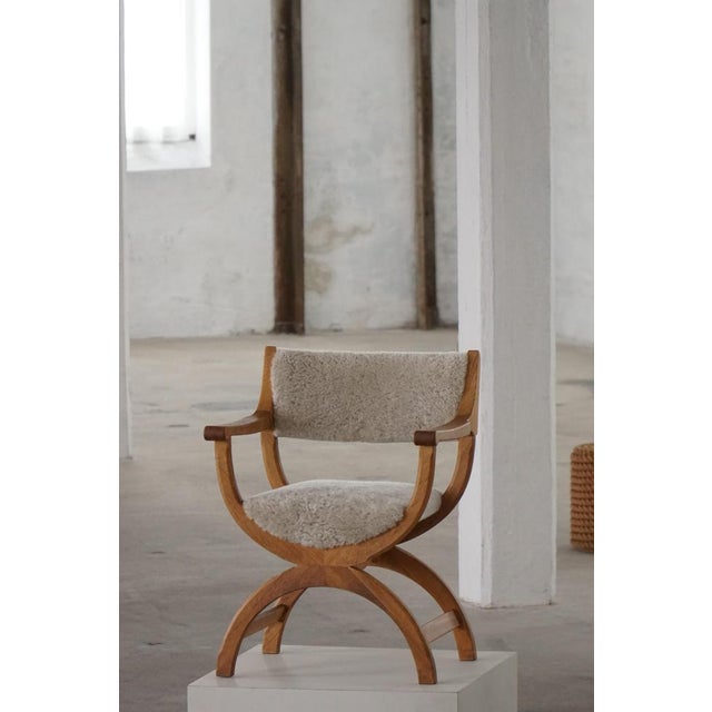 Mid-Century Kurul Armchair in Oak and Lambswool attributed to Henning Kjærnulf, 1960s For Sale - Image 3 of 18