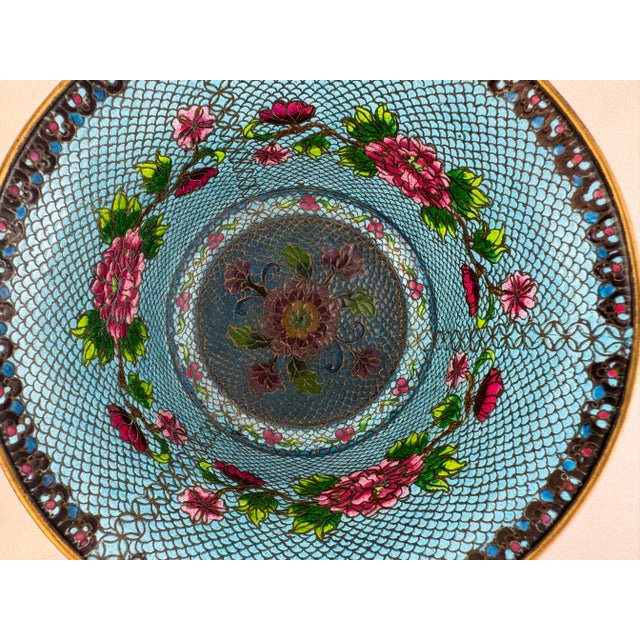 Vintage Mid 20th Century Chinese Cloisonné Decorative Bowl in Brilliant Sky Blue With Floral Motif For Sale - Image 10 of 16
