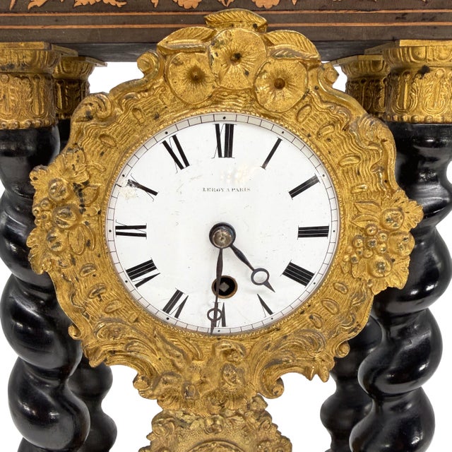 Late 19th Century Portico Barley-Twist Marquetry Mantel Clock, French, Ca. 1880 For Sale - Image 6 of 11