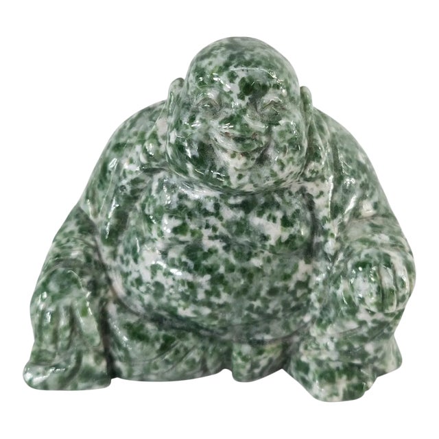 Chinese Carved Mottled Green & White Stone Laughing Buddha Figurine For Sale