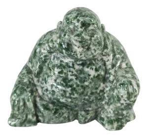 Chinese Carved Mottled Green & White Stone Laughing Buddha Figurine