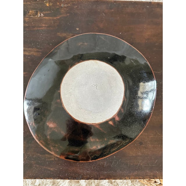 Vintage 1970’s 13” Signed Handmade Glazed Concave Shallow Bowl in Olive, Brown, Deep Terracotta & Off White For Sale - Image 10 of 16