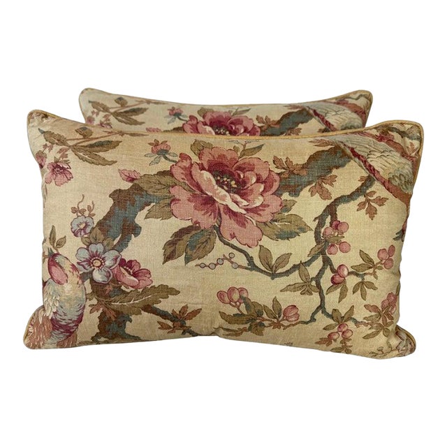 Vintage-Inspired Linen Lumbar Pillows, Floral Design, Usa, Set of Two For Sale