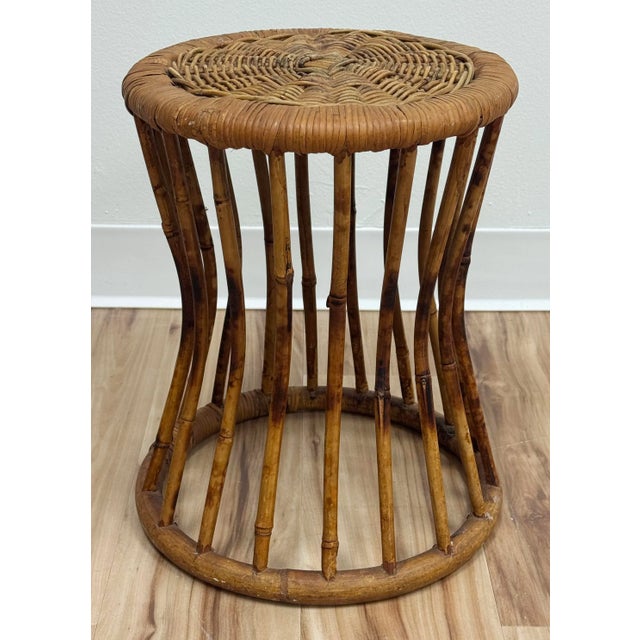 Mid 20th Century Vintage Scorched Bamboo Woven Wicker Top Stool or Plant Stand For Sale - Image 5 of 5