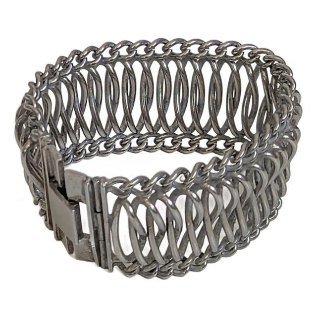 Wide Modernist Woven Silver Cuff Bracelet, Mid Century For Sale