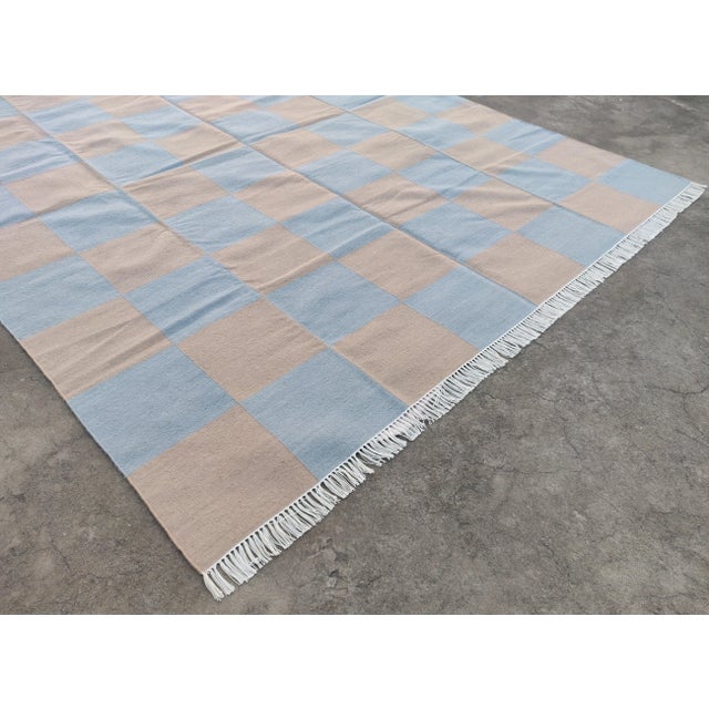 Handmade Vegetable Dyed Woolen Checked Pattern Rug Gray and Beige - 8x10 For Sale - Image 6 of 11