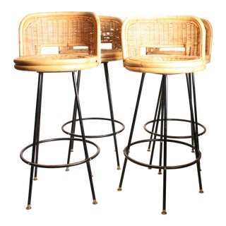 Danny Ho Fung Style Bamboo & Wicker Bar Stools - Set of 4 For Sale