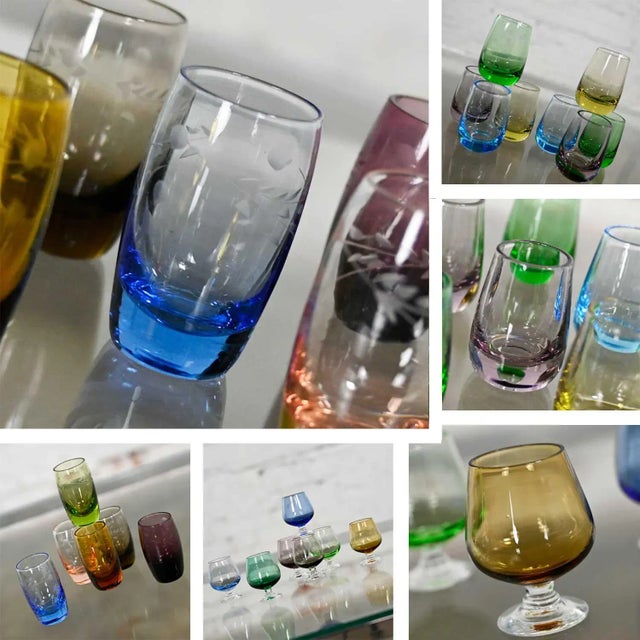 Mid 20th Century Vintage Set of 21 Blown Glass Multi Color Small Cocktail Snifters Cordials or Shot Glasses 3 Sizes For Sale - Image 5 of 13