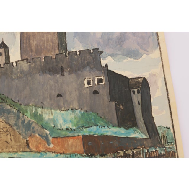 Mid-Century Swedish Outsider Folk Art Original Watercolor Painting, Signed, Lakeside Fortress Landscape For Sale In San Diego - Image 6 of 9