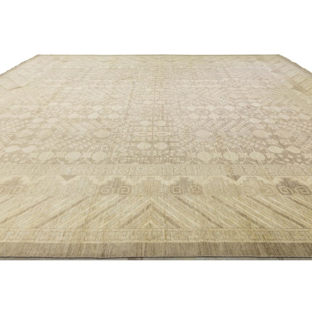 Transitional Hand-Knotted Khotan Inspired Transitional Wool Rug - Neutral Earth Tones 18x20 For Sale - Image 3 of 11