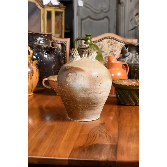 Rustic French 19th Century Double Handled Brown Glaze Pottery Jug with Rustic Character For Sale - Image 3 of 12