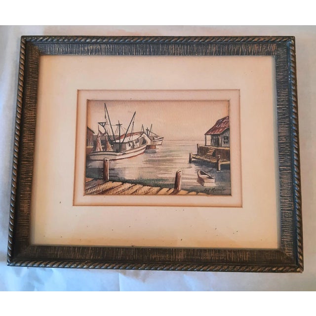 Vintage gorgeous artwork, signed. We believe this is a watercolor of ships and dock scene. Signed lower right, unknown.