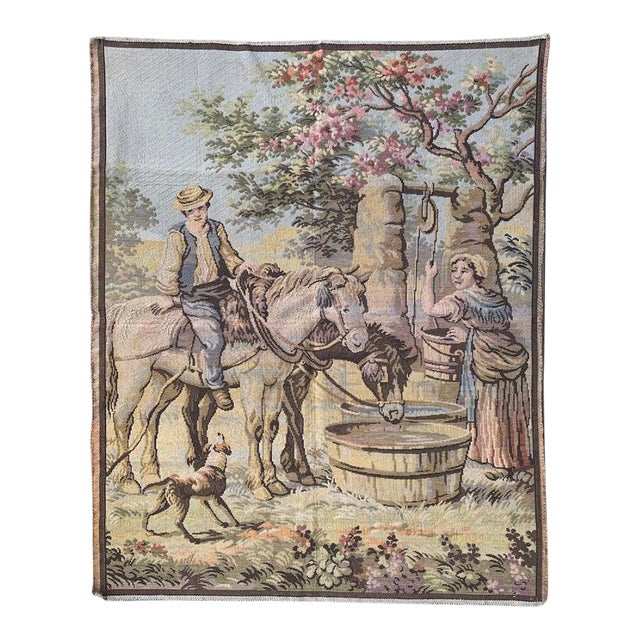 Large Aubusson Style Tapestry Belgium Circa 1920s Flowering Trees, Man With Horses, Woman at Well, and Dog For Sale