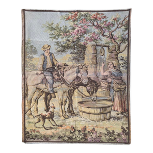 Large Aubusson Style Tapestry Belgium Circa 1920s Flowering Trees, Man With Horses, Woman at Well, and Dog
