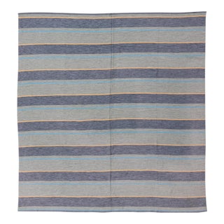 Large Square Scandinavian Flat Weave Rug in Gray, Blue, and Soft Yellow For Sale