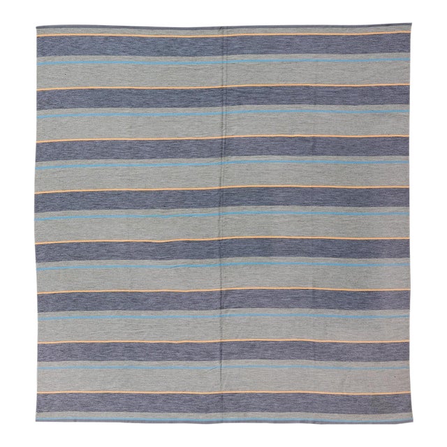 Large Square Scandinavian Flat Weave Rug in Gray, Blue, and Soft Yellow For Sale