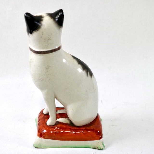 English 1920's Staffordshire Ware Mantle Cat on Cushion Figurine Right Facing For Sale - Image 3 of 15