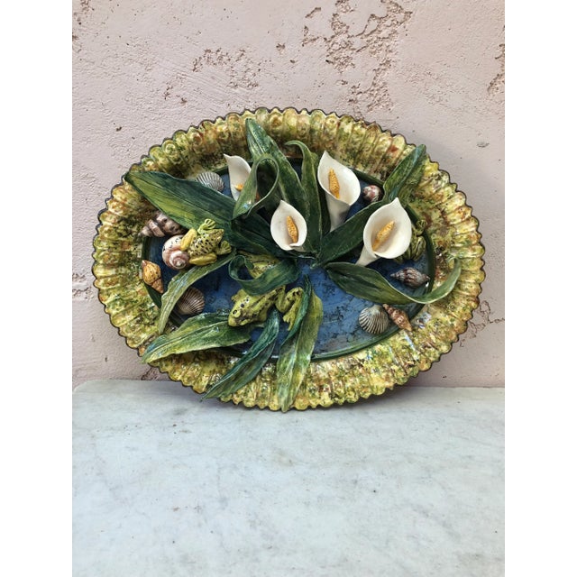 Majolica Palissy Platter Arums, Frogs, Shells Signed Christine Viennet For Sale - Image 10 of 10