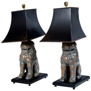 Carved Wood Foo Dog Lamps by Sarreid - a Pair For Sale