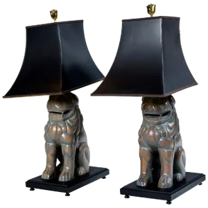 Carved Wood Foo Dog Lamps by Sarreid - a Pair