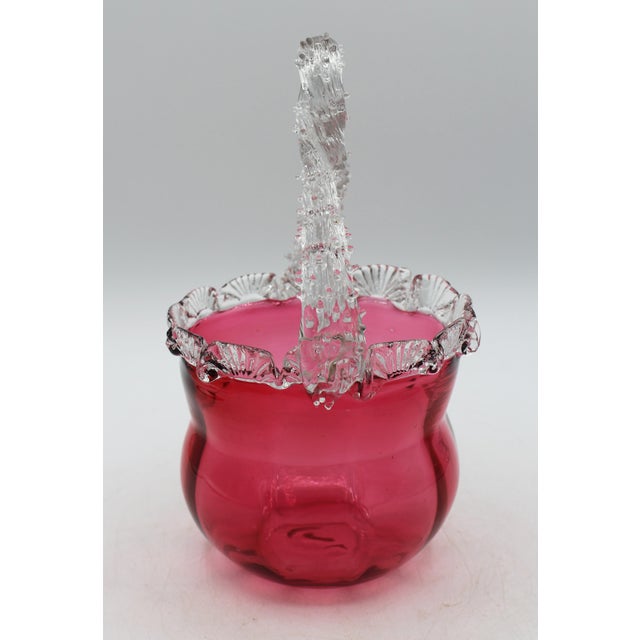 Late 19th Century Circa 1880 English Cranberry Glass Bride's Basket With Clear Handle For Sale - Image 5 of 8
