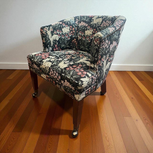 Mid-Century Modern Vintage St. Timothy Hickory Barrel-Back Club Chair on Brass Casters – Floral Tapestry & Nailhead Trim For Sale - Image 3 of 9