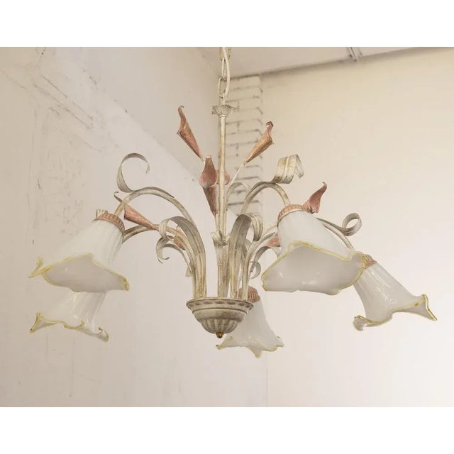 Suspension Chandelier with 5 Lights in White Murano Glass & Handmade Brass Structure, Italy, 1980s For Sale - Image 3 of 12