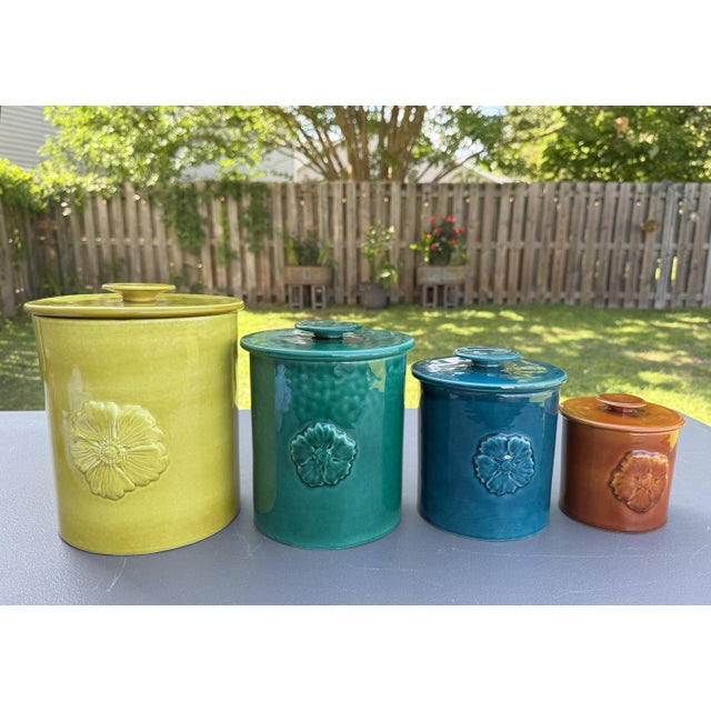 Ceramic 1960s Glazed Ceramic Colorful Pottery Lidded Kitchen Canisters Made in Italy - Set of 4 For Sale - Image 7 of 18