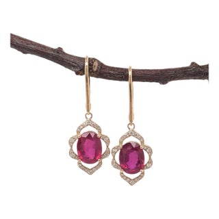 Ruby Dangle Earrings With Earth Mined Diamonds: Solid 14k Gold, Oval 10x8mm, Pair For Sale