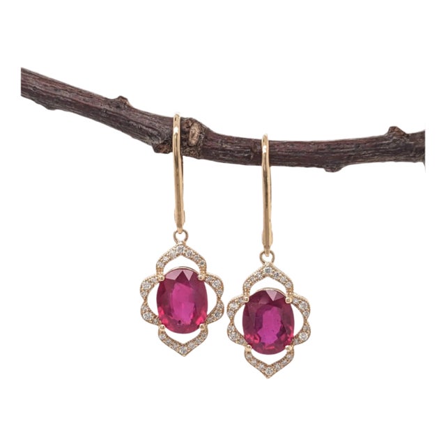 Ruby Dangle Earrings With Earth Mined Diamonds: Solid 14k Gold, Oval 10x8mm, Pair For Sale