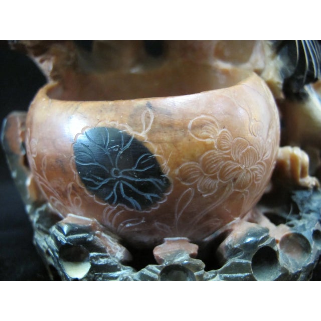 Chinese Carved Soapstone Foo Dog Sculpture Double Brush Pot Inkwell Vase For Sale - Image 4 of 10