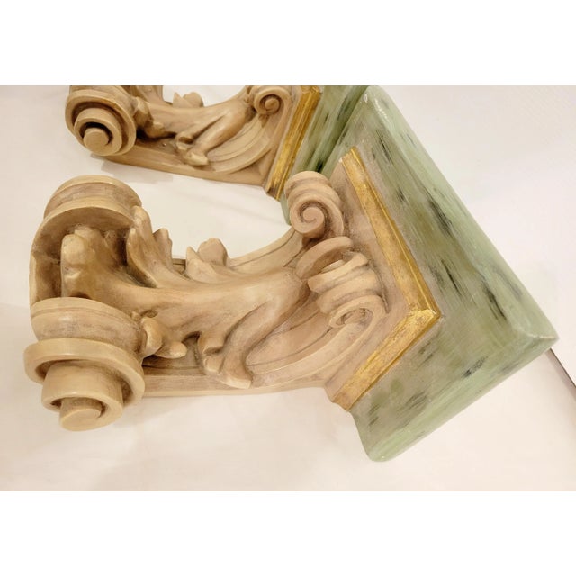 1980s Vintage Plaster Dry Brushed Antique Tan, Pale Green Gold Heavy Wall Sconce Wall Shelves- a Pair For Sale - Image 5 of 7