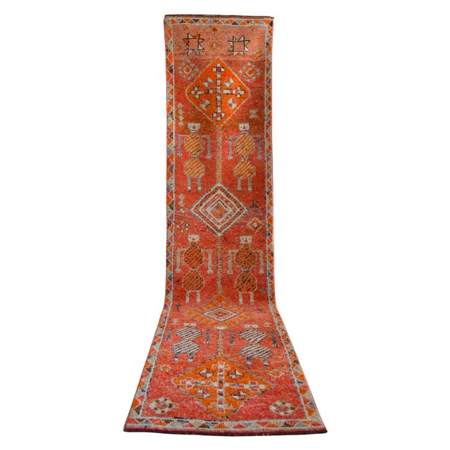 Antique Style Orange Runner Rug, Hand Knotted Turkish Carpet, 3x12 Vintage Area Rug, Rare Alien Motif Decor, Organic Modern Rug For Sale - Image 4 of 16