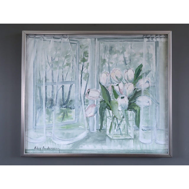 MORNING LIGHT WITH TULIPS Size: 19.3 x 22.8 inches (including frame) Oil on canvas A gentle and delicate mid-century...