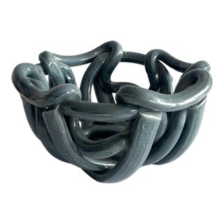 1980s Postmodern Gray Ceramic Braided Woven Abstract Centerpiece Bowl For Sale