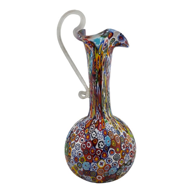 Vintage Fratelli Toso Murano Millefiori Art Glass Vase Pitcher Colorful Floral Italy For Sale