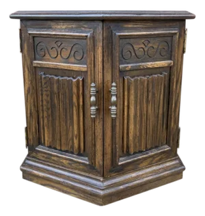 1970s Ethan Allen Vintage "Royal Charter" Solid Oak Hexagonal Cabinet – Spanish Revival Style