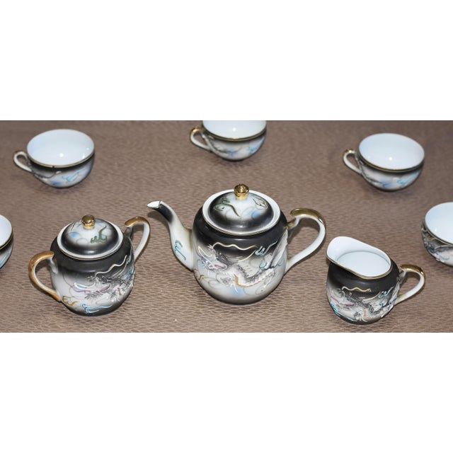 Vintage Japanese Satsuma Moriage Dragonware Raised Blue Eye Dragon 17 Piece Tea Set For Sale In Palm Springs - Image 6 of 12