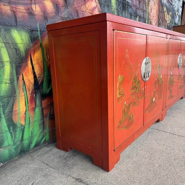 Paint Baker Chinoiserie Mid Century Red Lacquer Buffet For Sale - Image 7 of 12