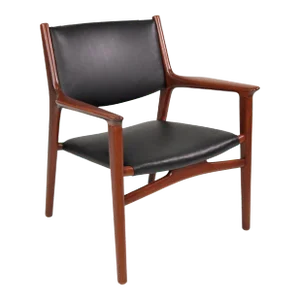 Hans Wegner Jh-515 Black Leather Teak Armchair for Johannes Hansen