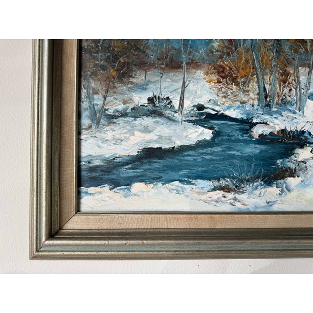 Wood 1980's Vintage v. Janousek Impressionist Winter Landscape Oil Painting, Framed For Sale - Image 7 of 10