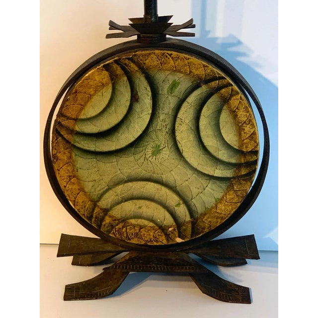 Art Deco polychromed lacquered & iron lamp, labelled Beardsley Studios Labeled Beardsley Studios Chicago, Ill. The...