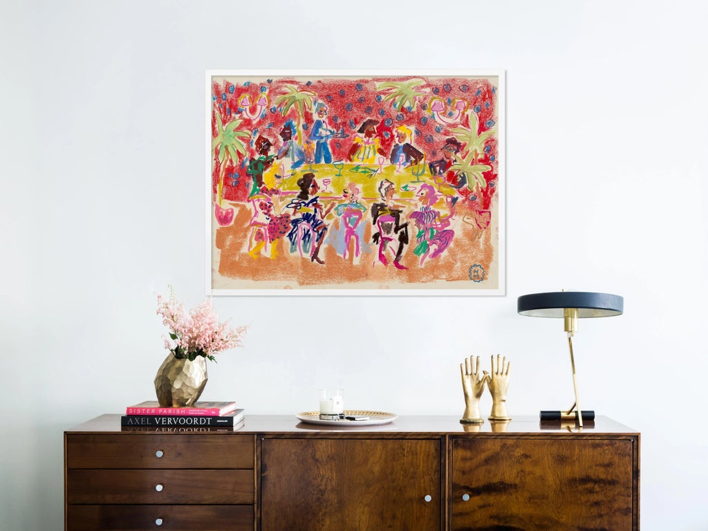 At a Dinner Party by Happy Menocal in White Frame, XS Art Print