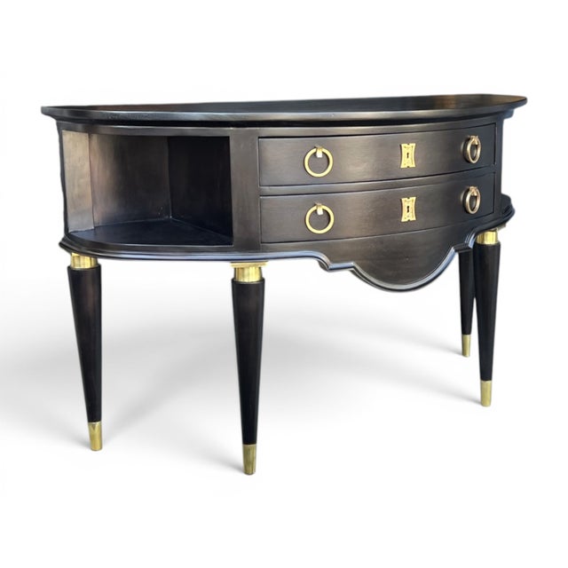 Vintage Hollywood Regency Demi-Lune Server in Ebonized Wood With Brass Accents For Sale - Image 4 of 10